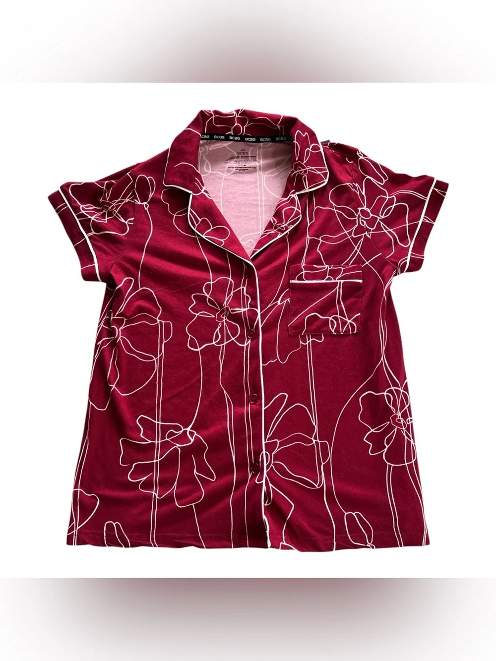 BCBG Burgundy Floral-Outline Short-Sleeve Pajama Set